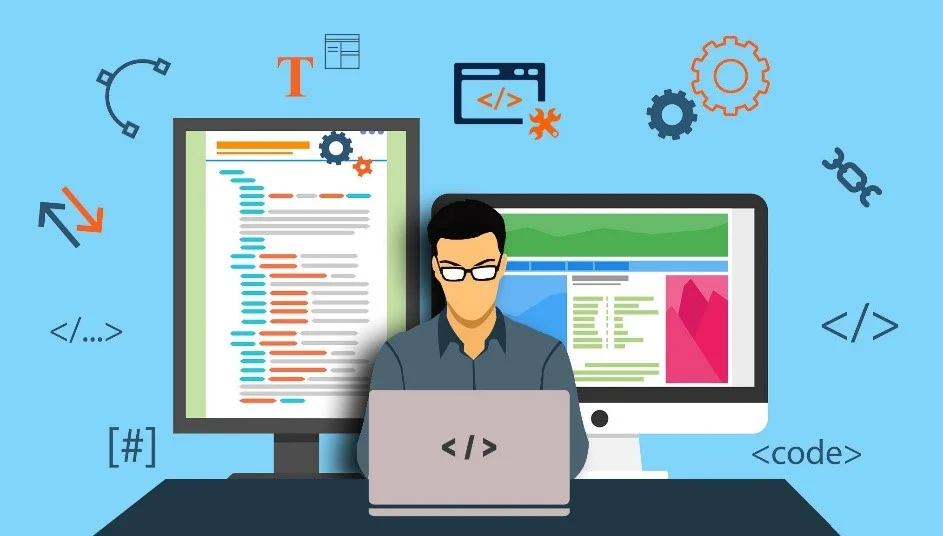 Developers working with frameworks on laptops